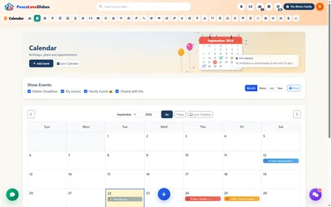 Calendar — PeaceLoveDishes portal screen