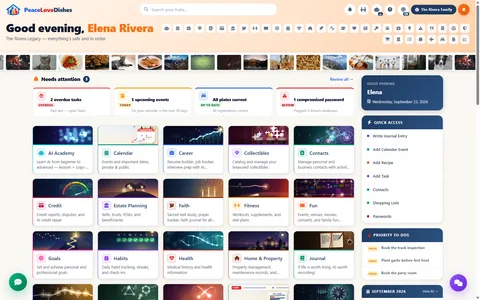 Family Dashboard — PeaceLoveDishes portal screen