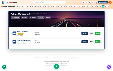 Vehicle Tracker — PeaceLoveDishes portal screen