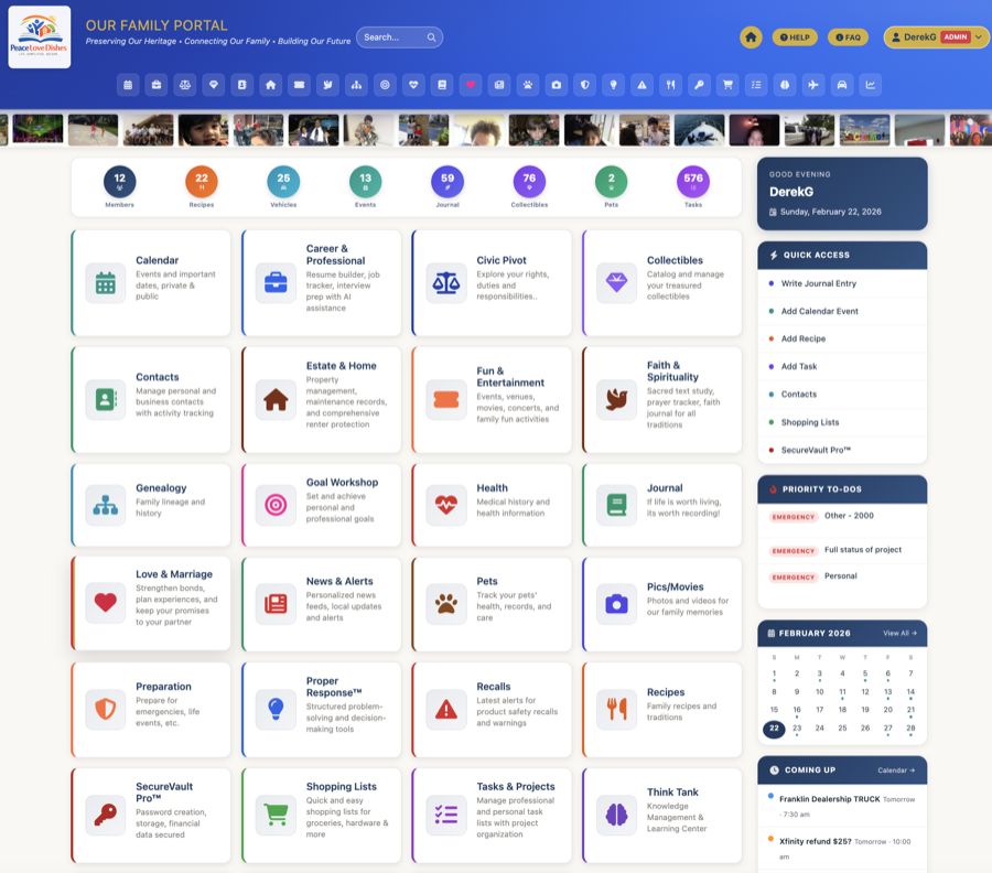 PeaceLoveDishes family dashboard — your whole life in one secure place