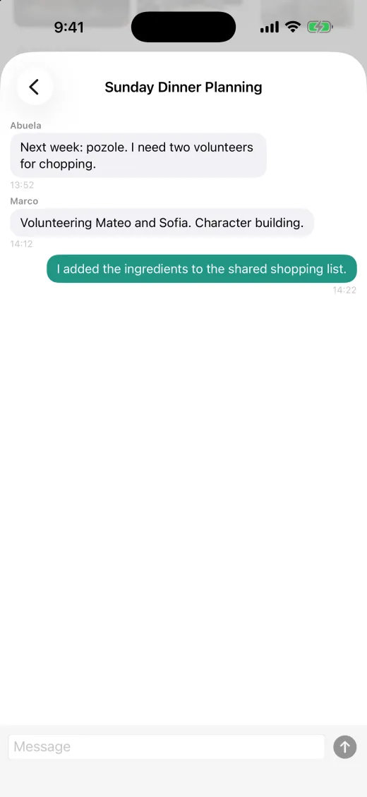PeaceLoveDishes chat screen on iPhone
