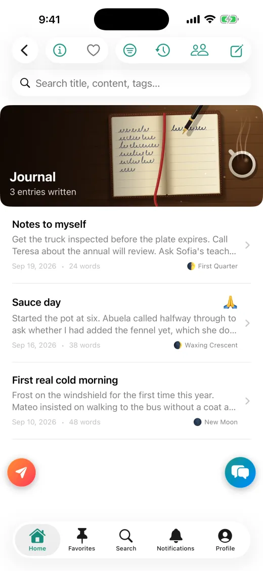 PeaceLoveDishes journal screen on iPhone