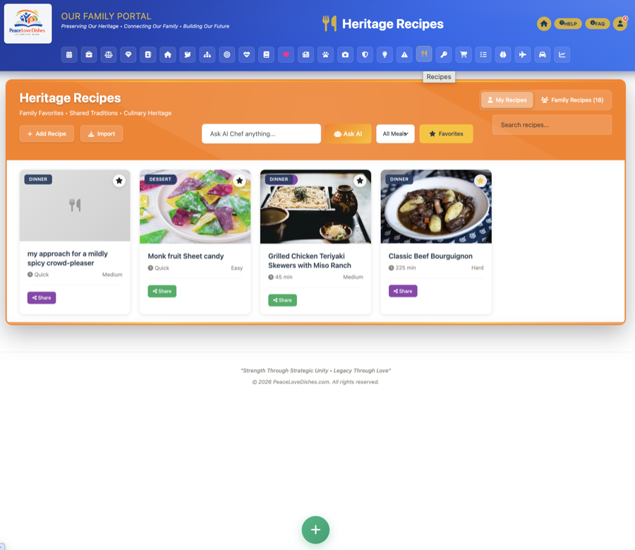 Recipes — PeaceLoveDishes portal screen