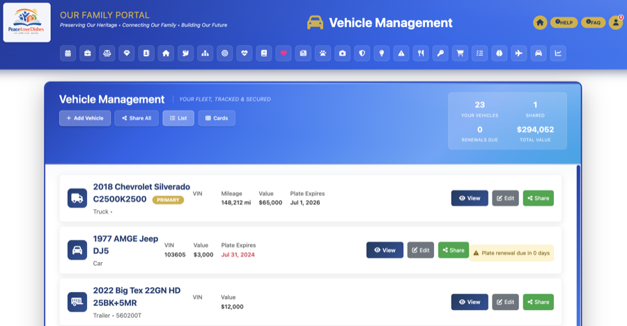 Vehicle Tracker — PeaceLoveDishes portal screen